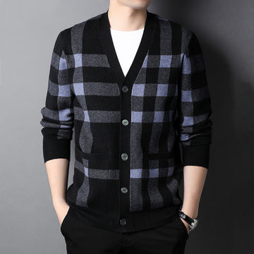 Men's pure wool V-neck plaid cardigan