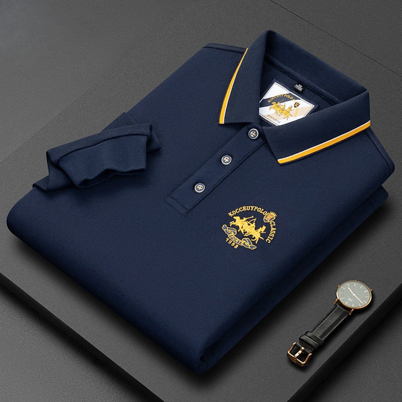 Men's Cotton Long Sleeve Lapel Embroidered Polo Shirt