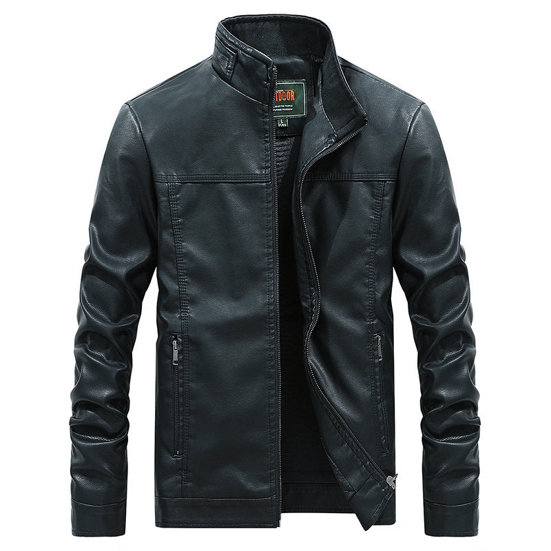 Men's Stand Collar Solid Color Leather Jacket