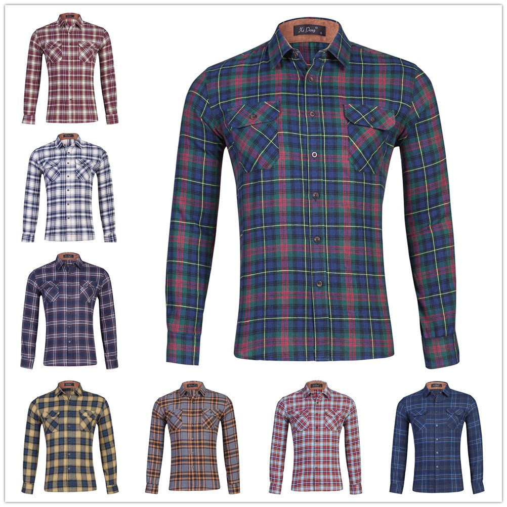 Men's Cotton Flannel Plaid Double Pocket Long Sleeve Shirt