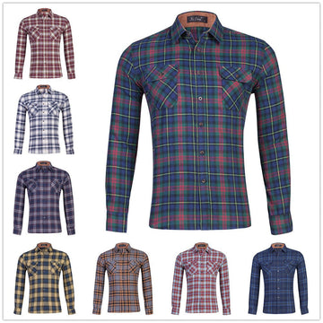 Men's Cotton Flannel Plaid Double Pocket Long Sleeve Shirt