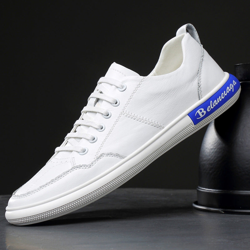 Men's New Style Leather Breathable Low Top Versatile White Shoes