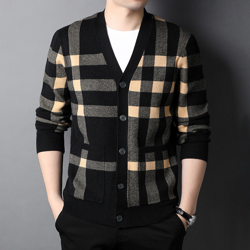 Men's pure wool V-neck plaid cardigan