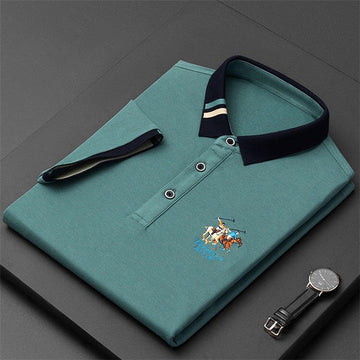 Striped Neckline Embroidered Polo Shirt