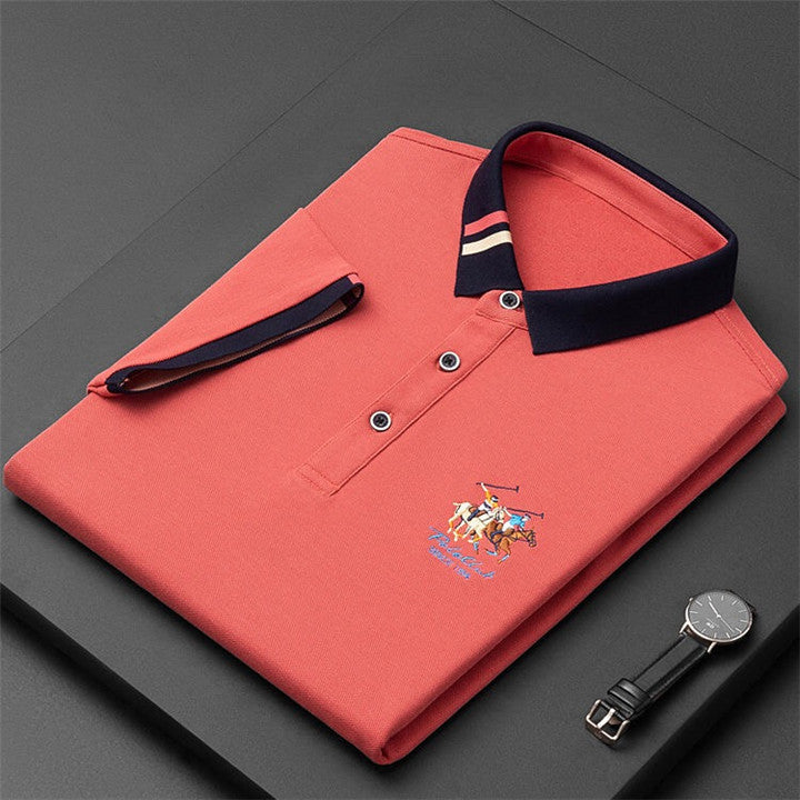 Striped Neckline Embroidered Polo Shirt