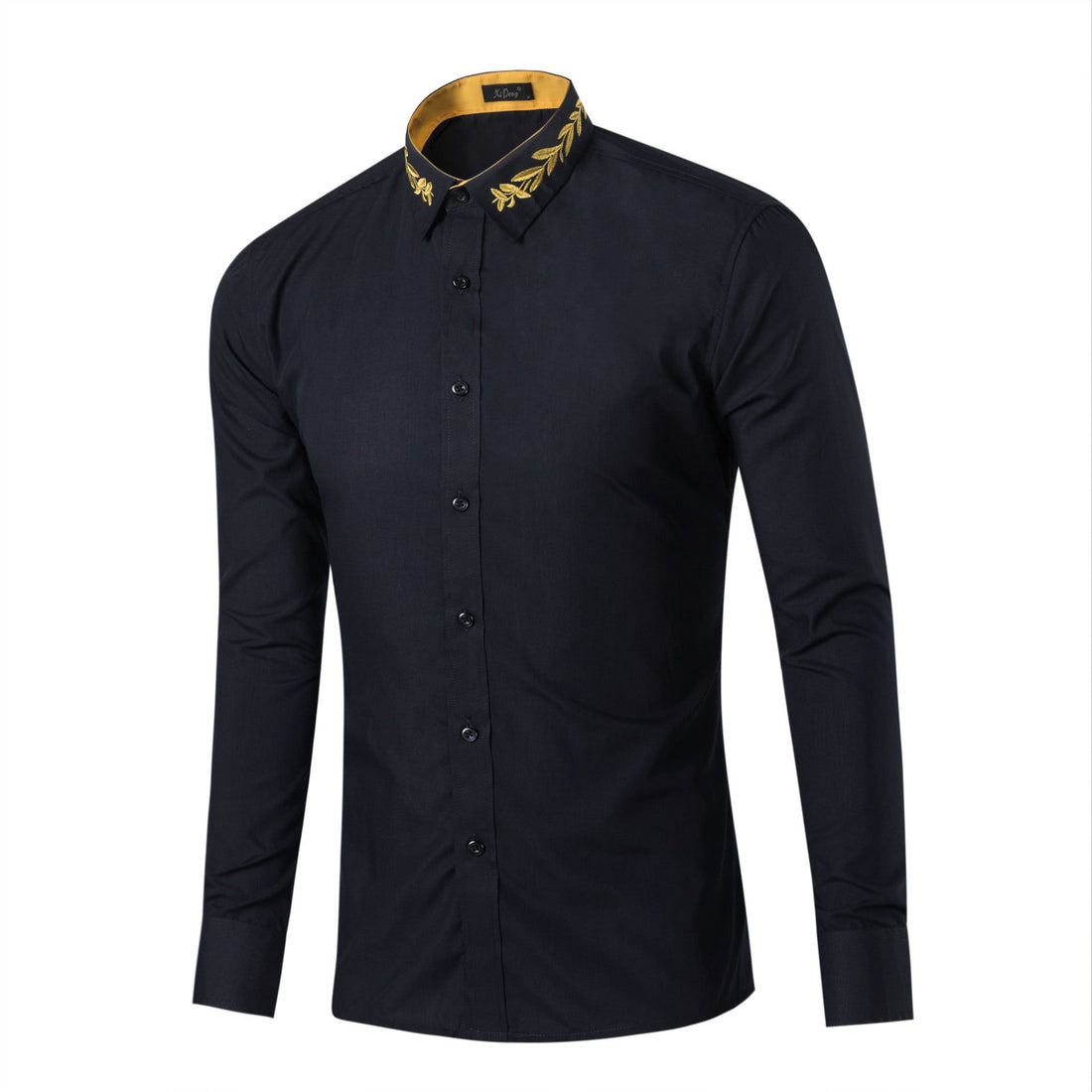 Men's Fashionable Collar Embroidered Solid Color Long Sleeve Loose Shirt