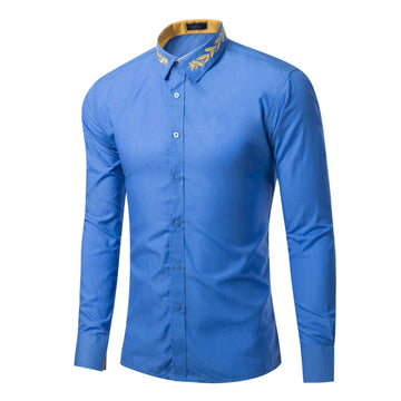 Men's Fashionable Collar Embroidered Solid Color Long Sleeve Loose Shirt