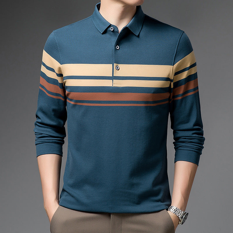 Men's long-sleeved lapel striped polo shirt