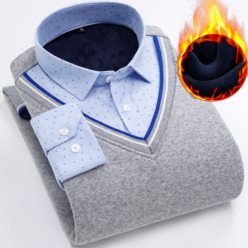 Men's Casual Pullover Plus Velvet Thickened Warm Long-sleeved Fake Two-piece Shirt