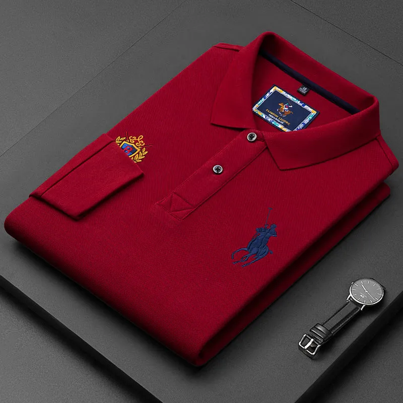 Cotton long-sleeved lapel embroidered polo shirt