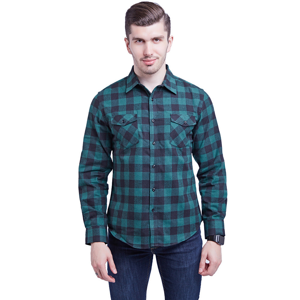 Men's Cotton Flannel Plaid Double Pocket Long Sleeve Shirt