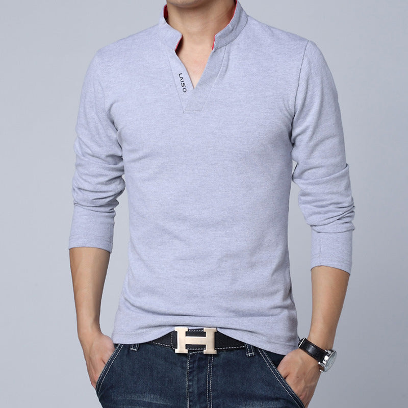 Men's V-neck Long Sleeve Printed Polo Shirt with Collar