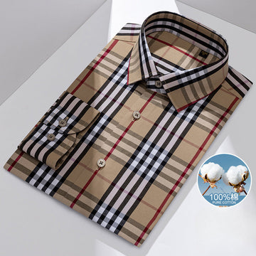 Men's Business Casual 100% Cotton Plaid No-iron Long-sleeved Shirt