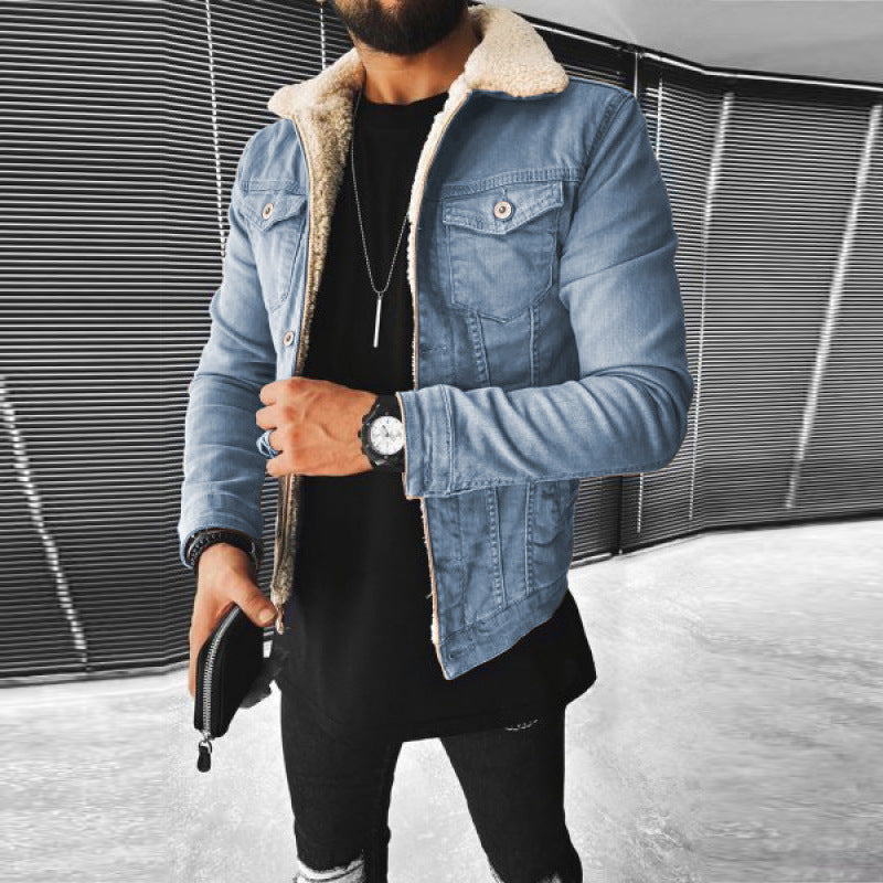 Men's Punk Lamb Wool Thickened Denim Jacket