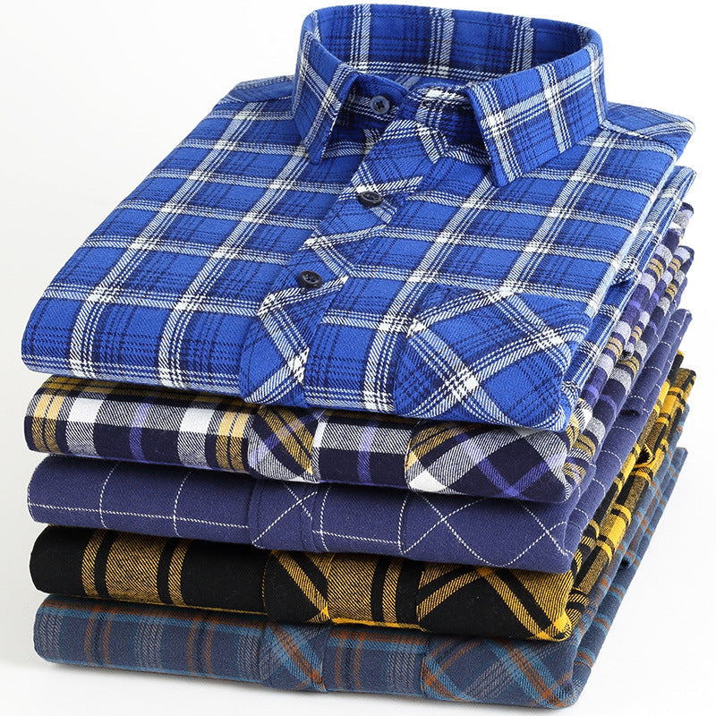 Pure cotton plaid casual square collar pocket long sleeve shirt