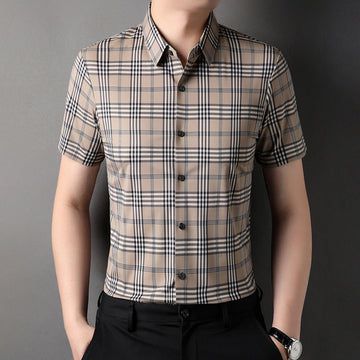 Men's Summer Ice Silk Plaid Casual Loose Shirt