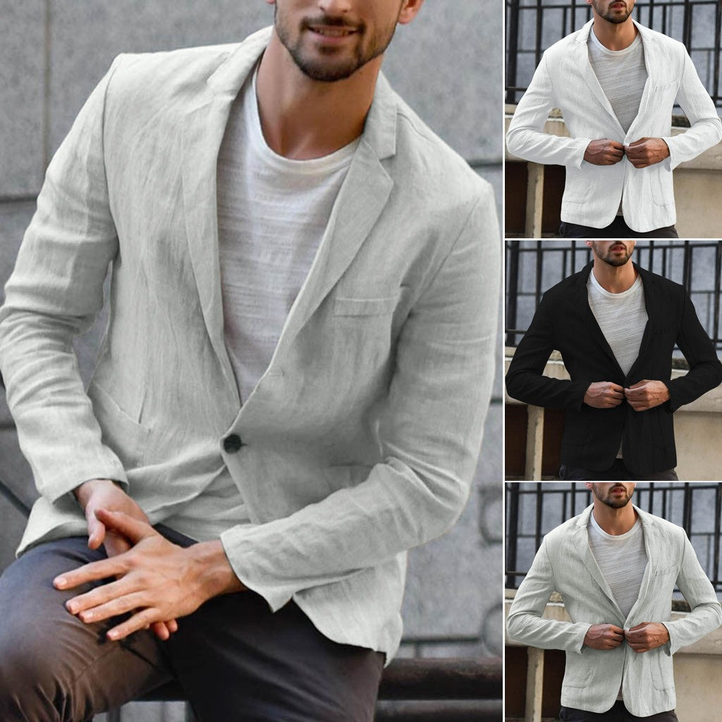 Men's Cotton and Linen Loose Solid Color Thin Casual Blazer