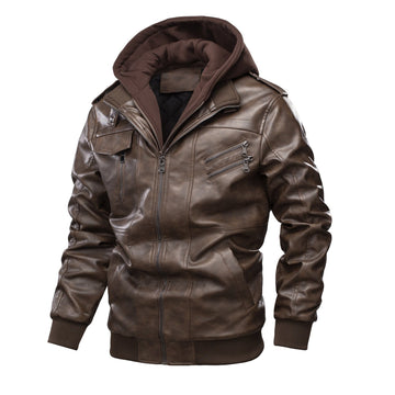 Men's Casual Warm Thick Hooded Leather Jacket