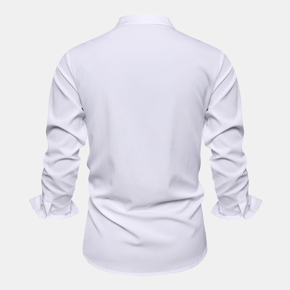 2023 Fashion Solid Color Stand Collar Casual Long Sleeve Cotton and Linen Shirt