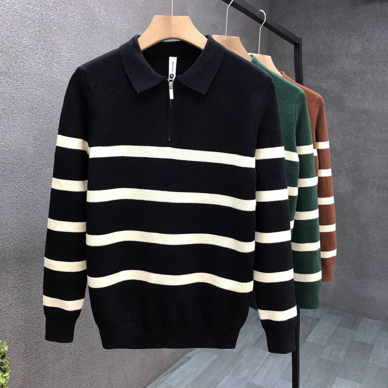 2023 New Men's Half Zipper Striped High-end Knitted Polo Shirt