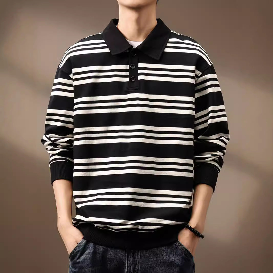 Men's Retro Striped Contrast Color Casual Long Sleeve Polo Shirt