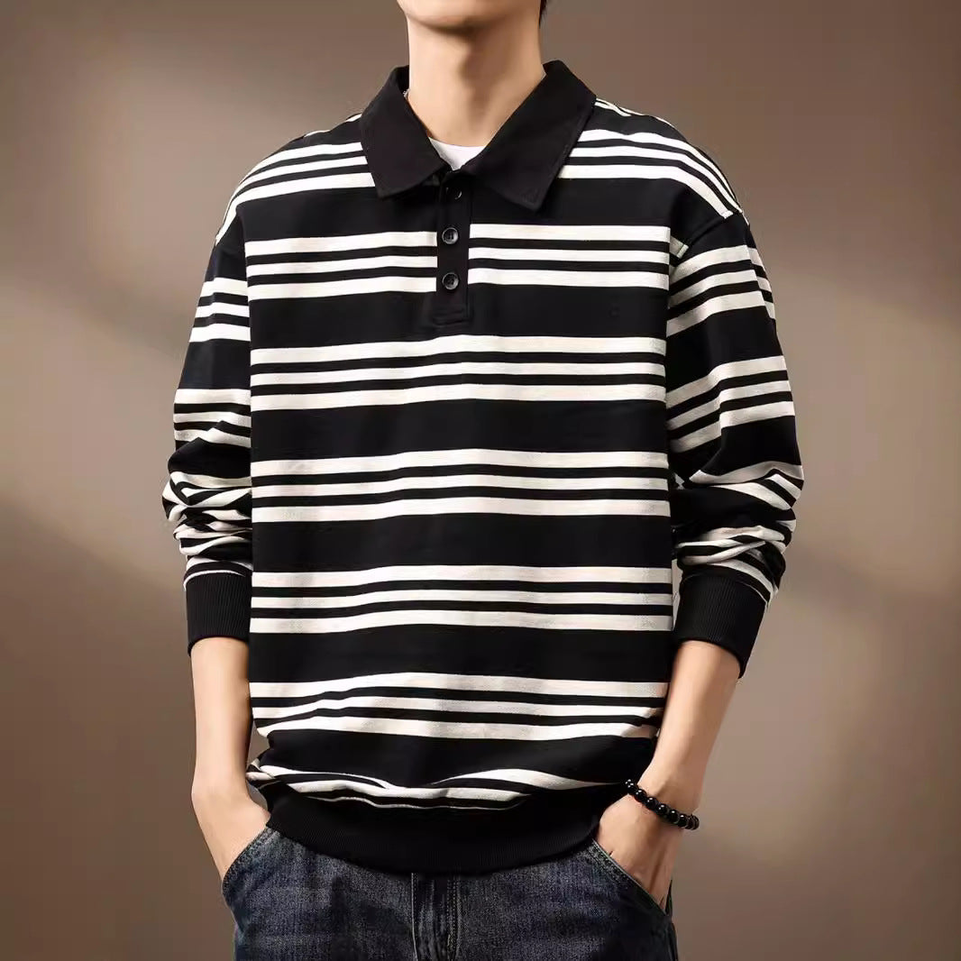 Men's Retro Striped Contrast Color Casual Long Sleeve Polo Shirt