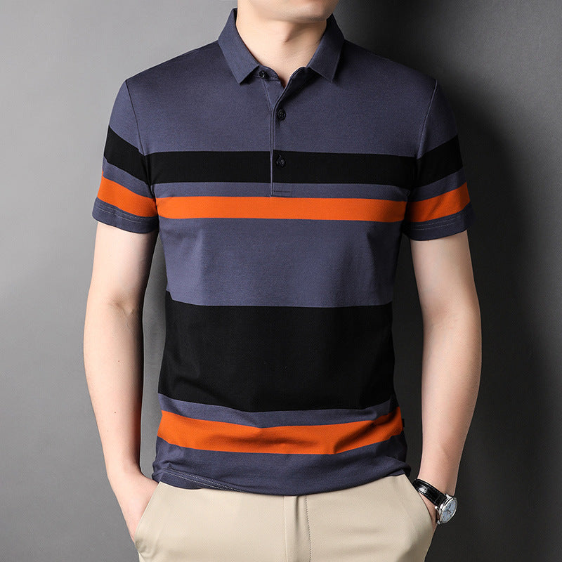 Contrasting striped lapel short-sleeved polo shirt