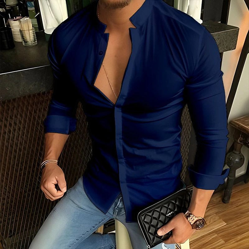 Men's Stand Collar Casual Long Sleeve Shirt