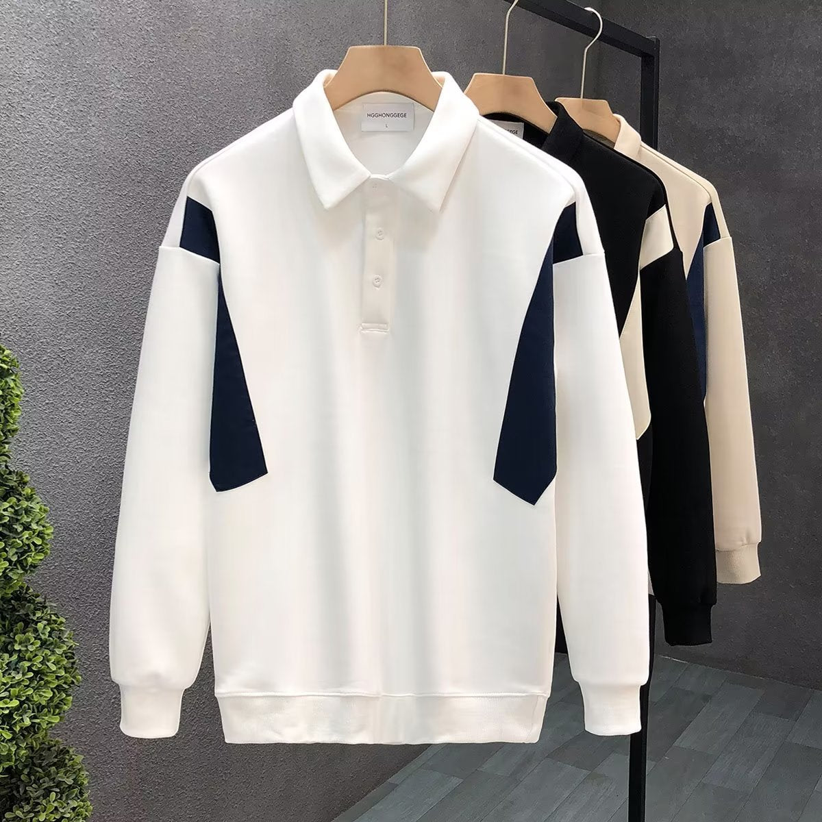 New Men's Patchwork High-end Lapel Long-sleeved Polo Shirt