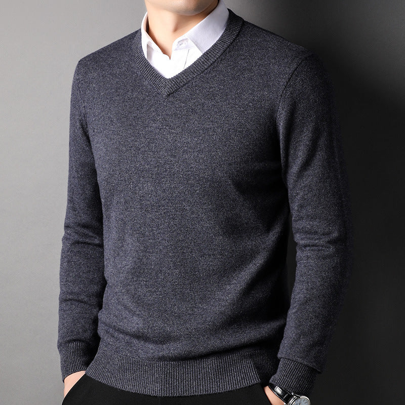 Men's 100% Wool V-neck Knitted Bottoming Sweater