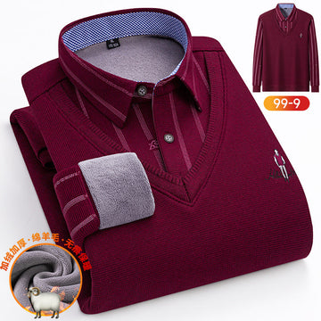 2023 Men's Business Casual Knitted Stretch Wool Fake Two-Piece Warm Shirt