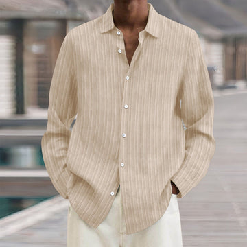 Men's Lapel Loose Button Cotton and Linen Striped Shirt