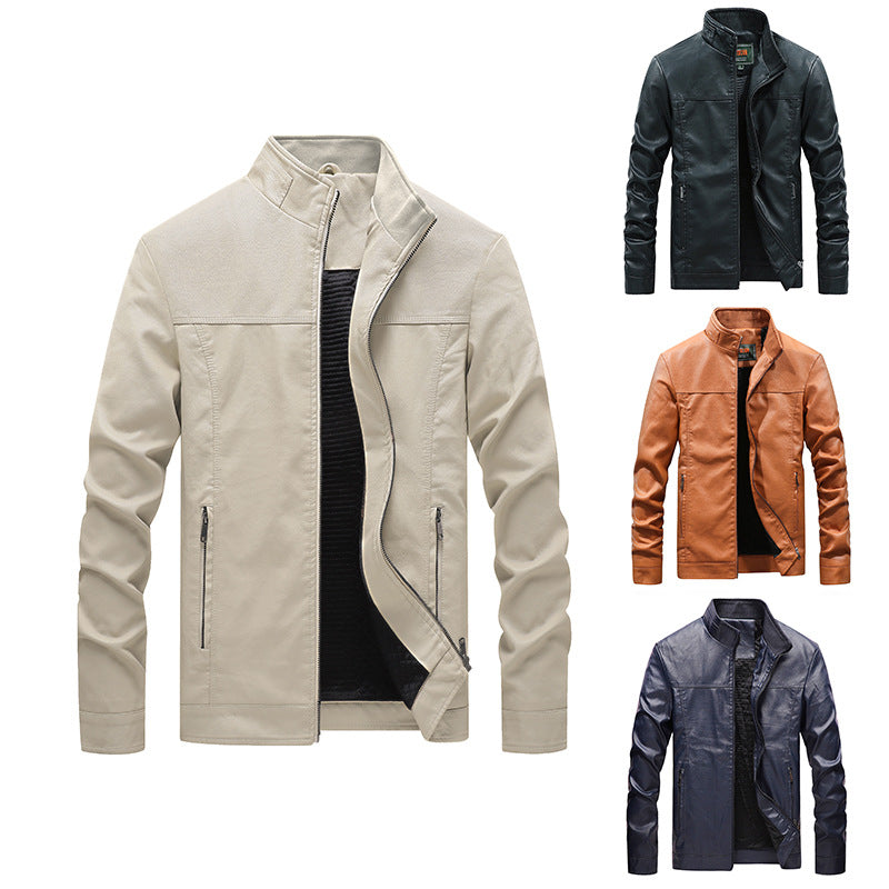 Men's Stand Collar Solid Color Leather Jacket