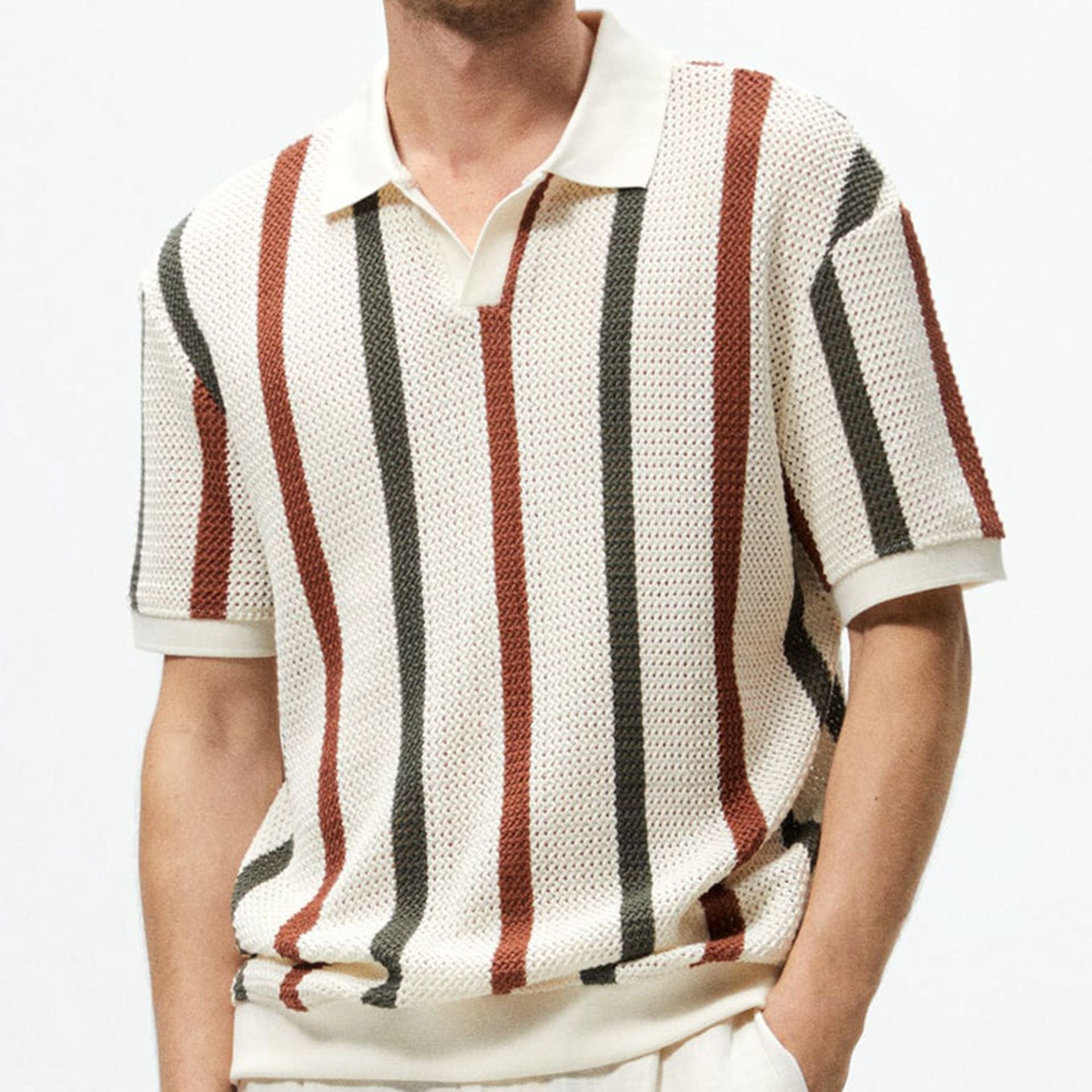 Hollow Knitted Striped Contrast Color Casual Polo Shirt