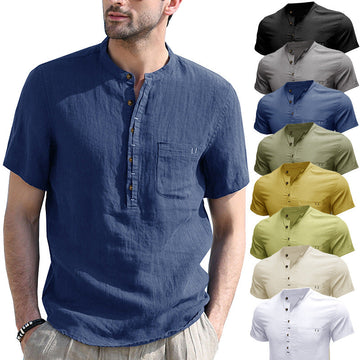 Men's Henley Collar Solid Color Short Sleeve Cotton and Linen Shirt