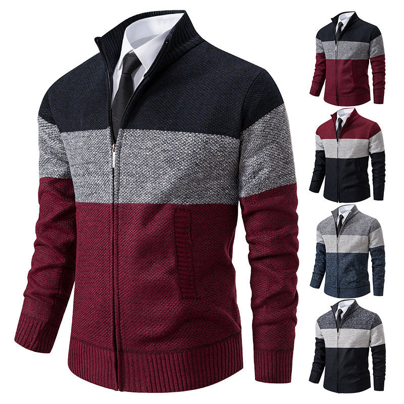 Men's Stand Collar Color Matching Plus Velvet Thickened Knitted Jacket