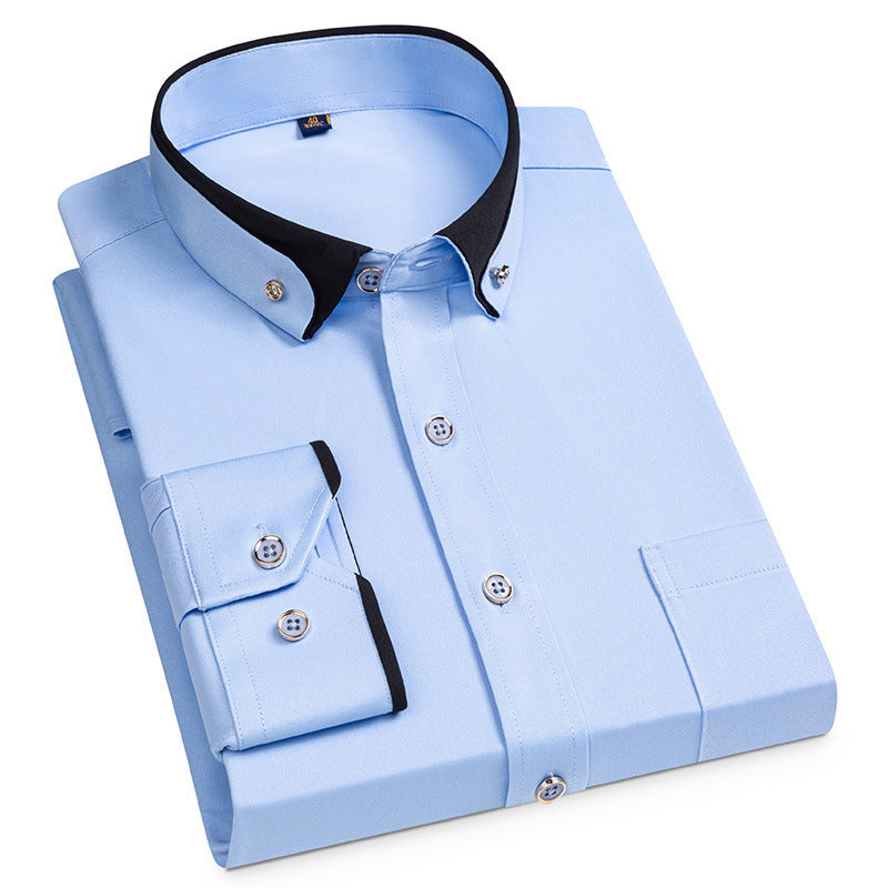 New Men's Business Casual Contrast Color Collar Elastic Comfortable Non-iron Shirt