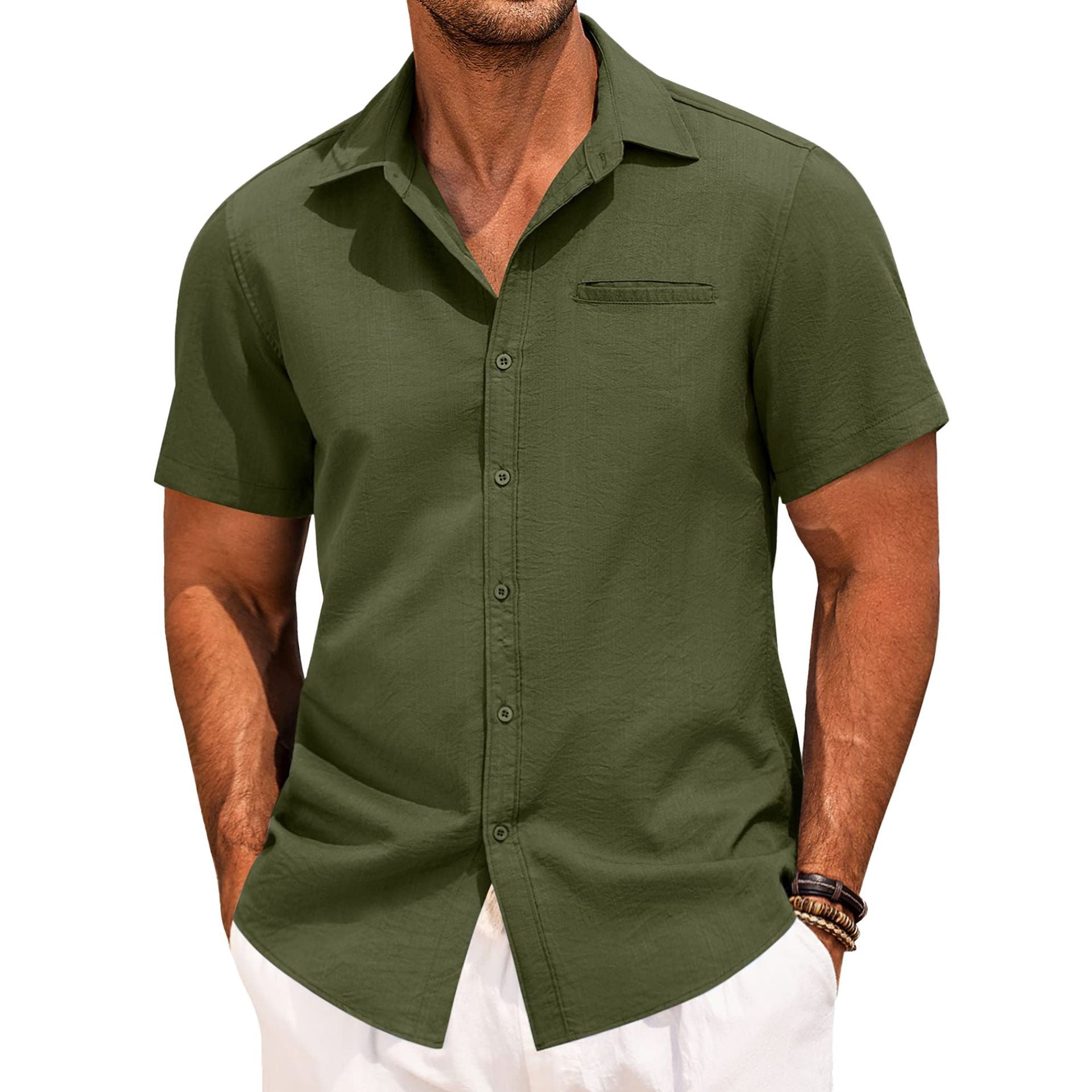 Men's Lapel Solid Color Short Sleeve Button Shirt