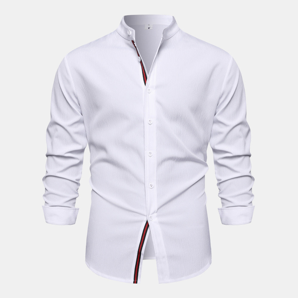 2023 Fashion Solid Color Stand Collar Casual Long Sleeve Cotton and Linen Shirt