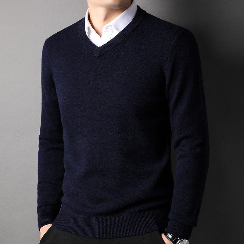 Men's 100% Wool V-neck Knitted Bottoming Sweater