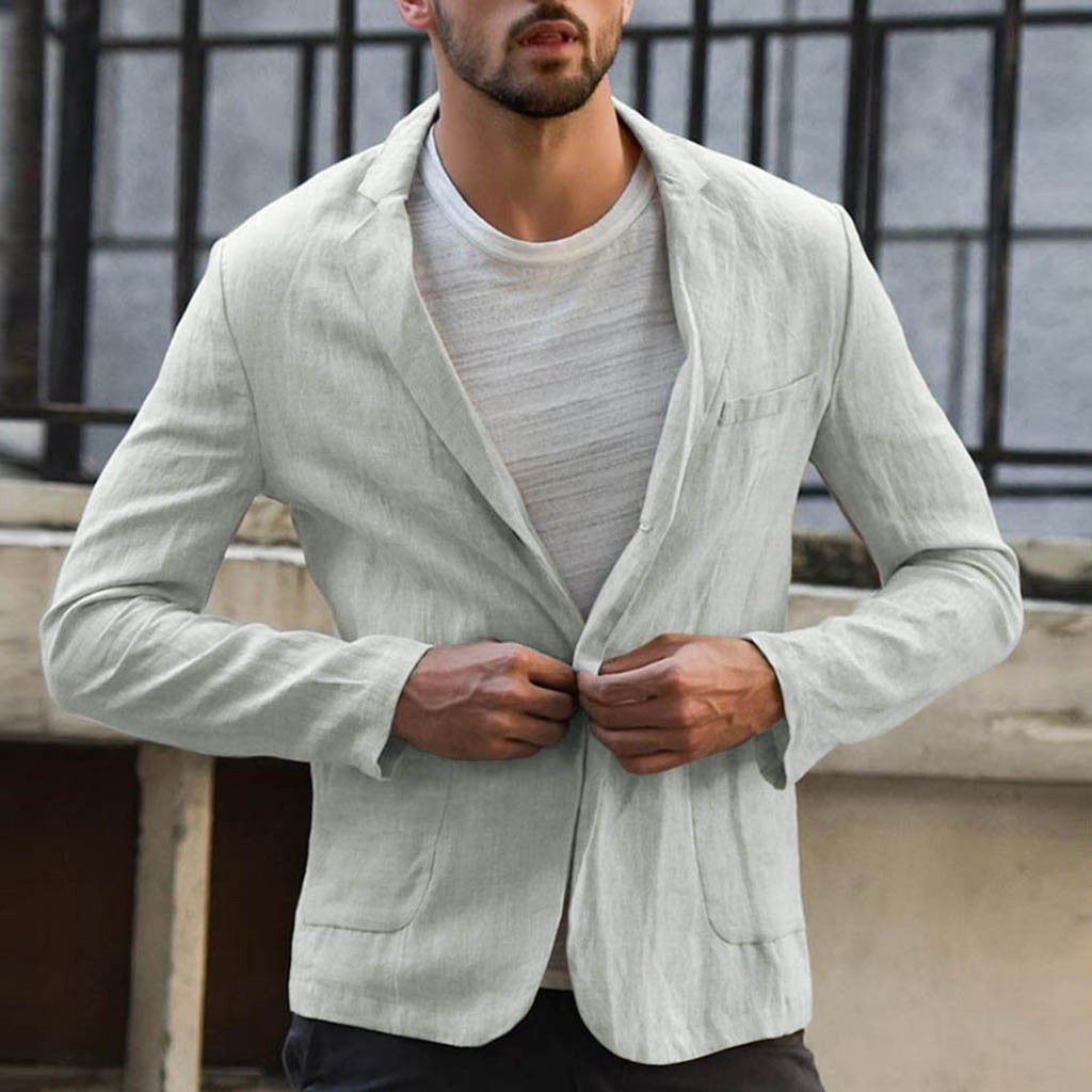 Men's Cotton and Linen Loose Solid Color Thin Casual Blazer