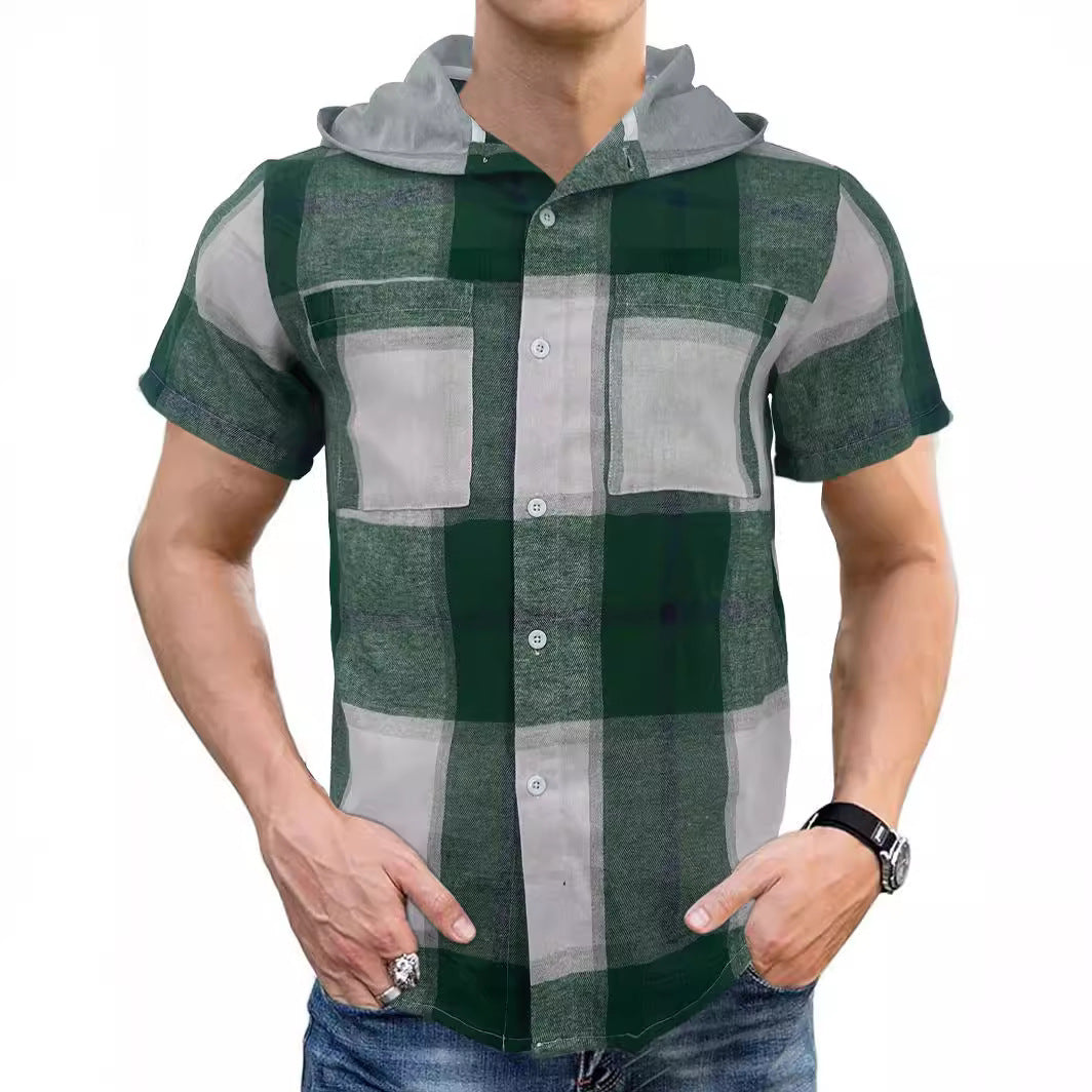 2024 New Men's Casual Hooded Plaid Shirt