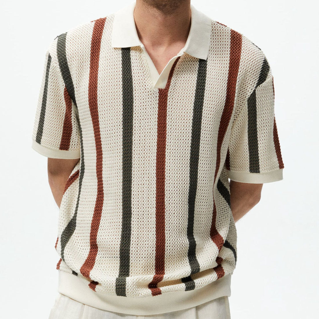 Hollow Knitted Striped Contrast Color Casual Polo Shirt