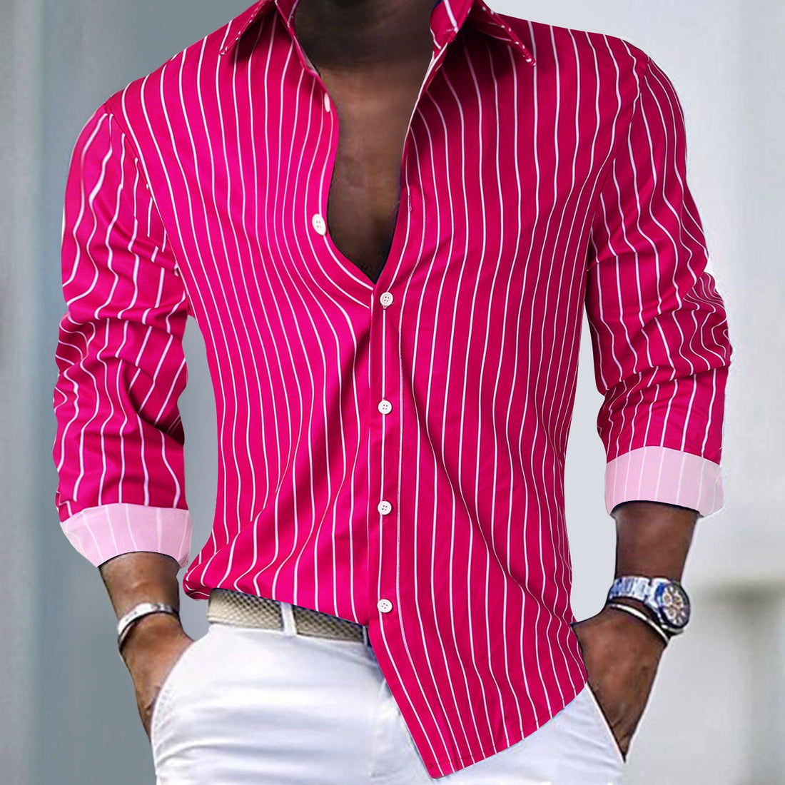 Men's Striped Lapel Striped Long Sleeve Shirt