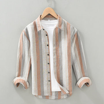 Men's Striped Color Block Linen Casual Long Sleeve Shirt