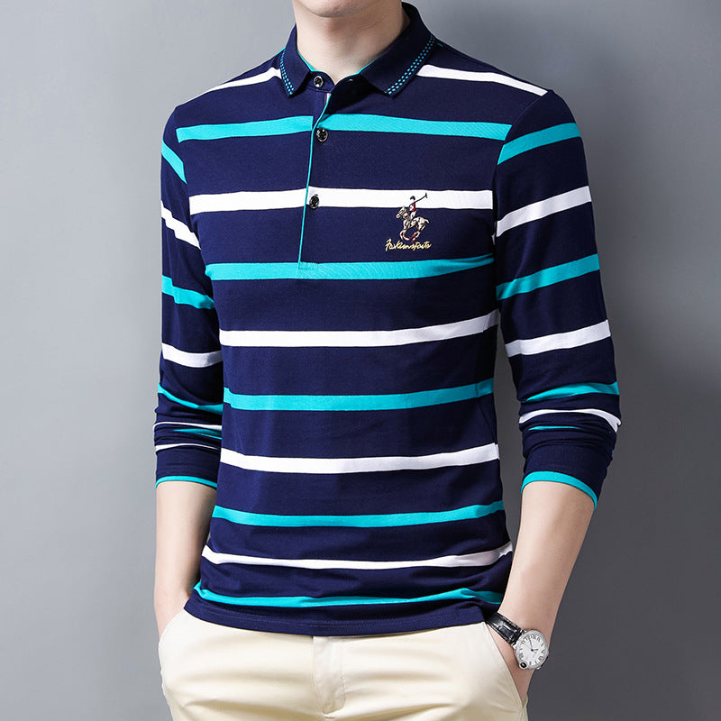 New pure cotton lapel embroidered striped POLO shirt