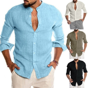 Men's Solid Color Stand Collar Casual Long Sleeve Shirt