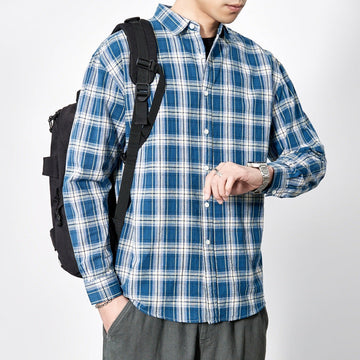 Men's Spring 2024 100% Cotton Loose Plaid Striped Shirt