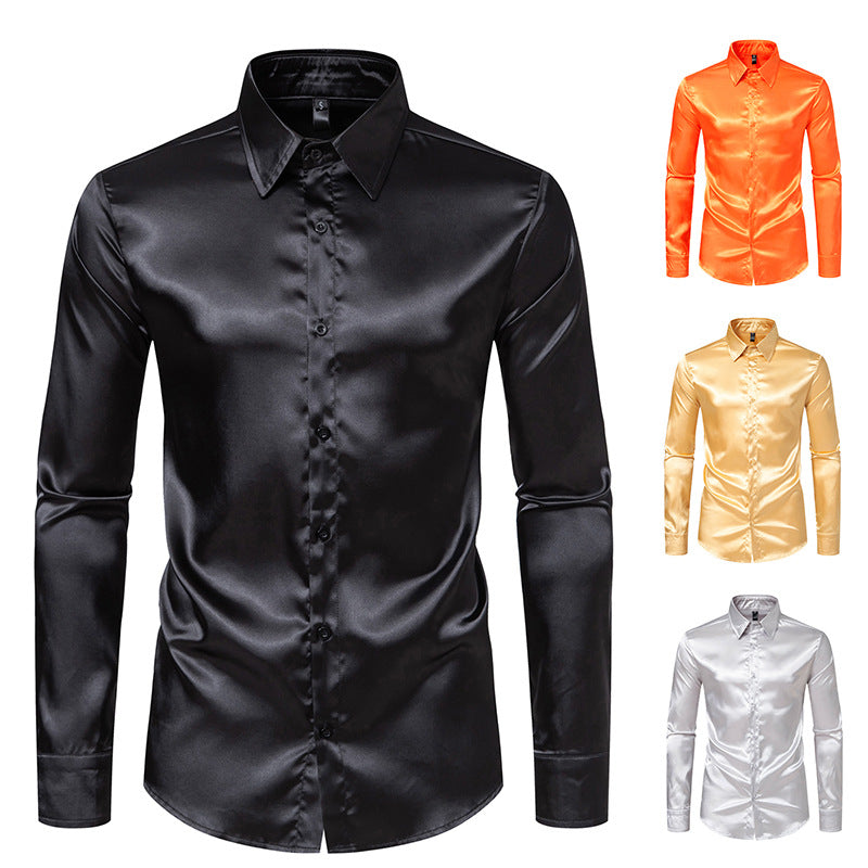 Men's Satin Nightclub Lined Long Sleeve Shirt Performance Shirt