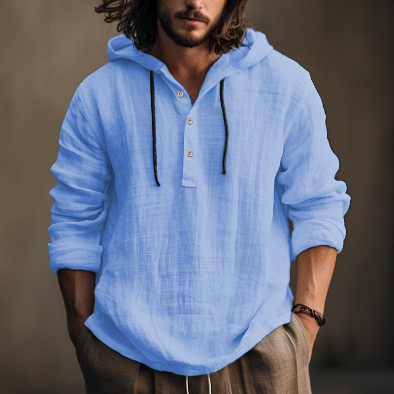 Men's Casual Cotton and Linen Shirt Hooded Sweatshirt